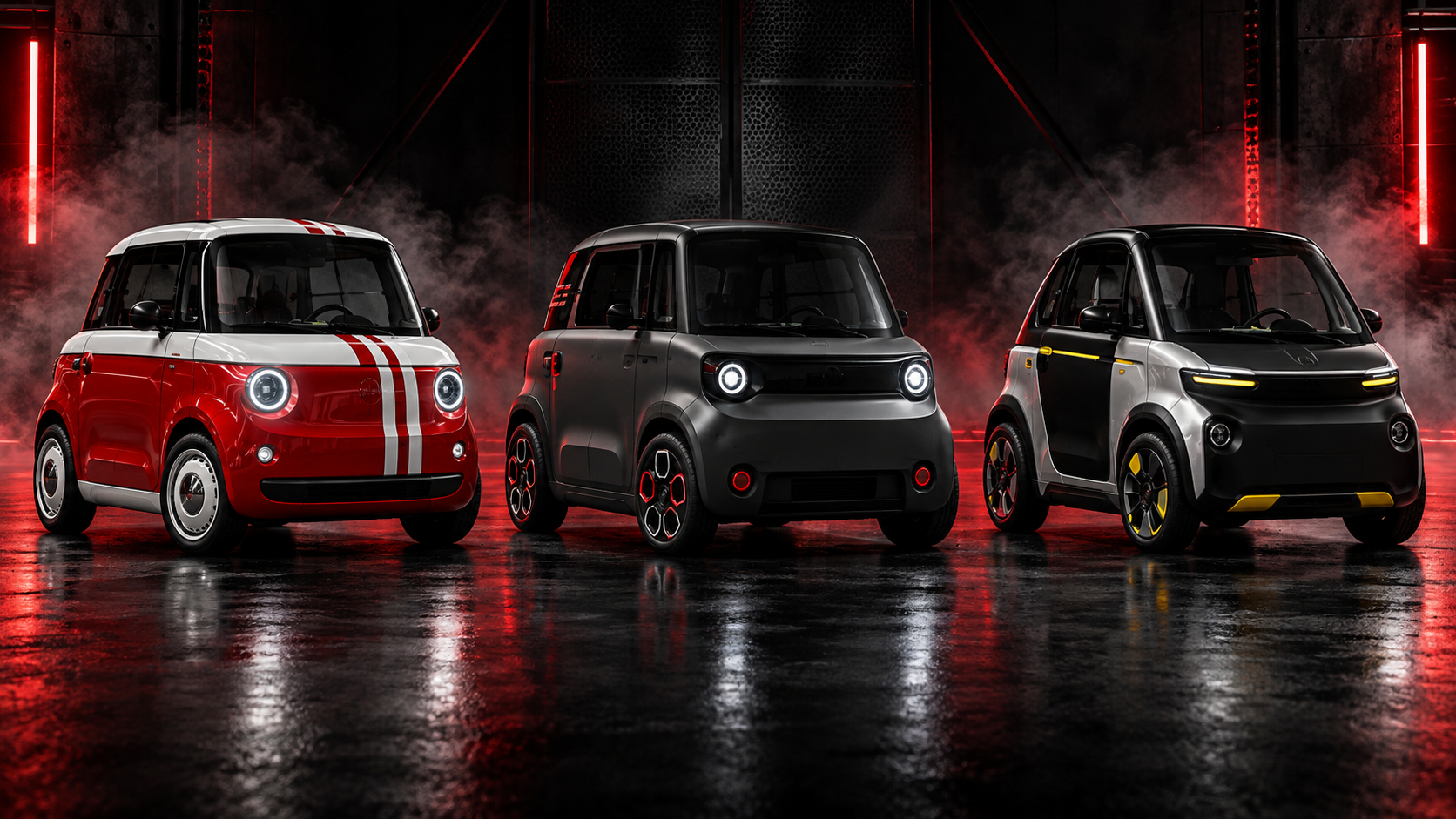 Fiat Topolino, Citroën Ami and Opel Rocks in an automotive studio
